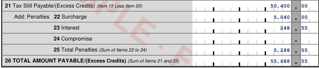 BIR Form 2550Q items 21 to 26 with a ₱5,040 surcharge, ₱248.55 interest and ₱55,688.55 total payable