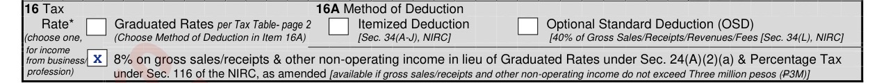 BIR Form 1701Q item 16 with the 8% option marked