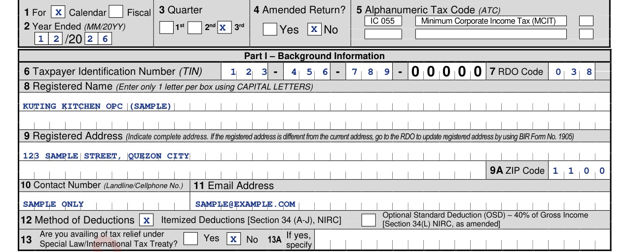 BIR Form 1702Q items 1 to 13 filled in for Kuting Kitchen OPC, third quarter 2026