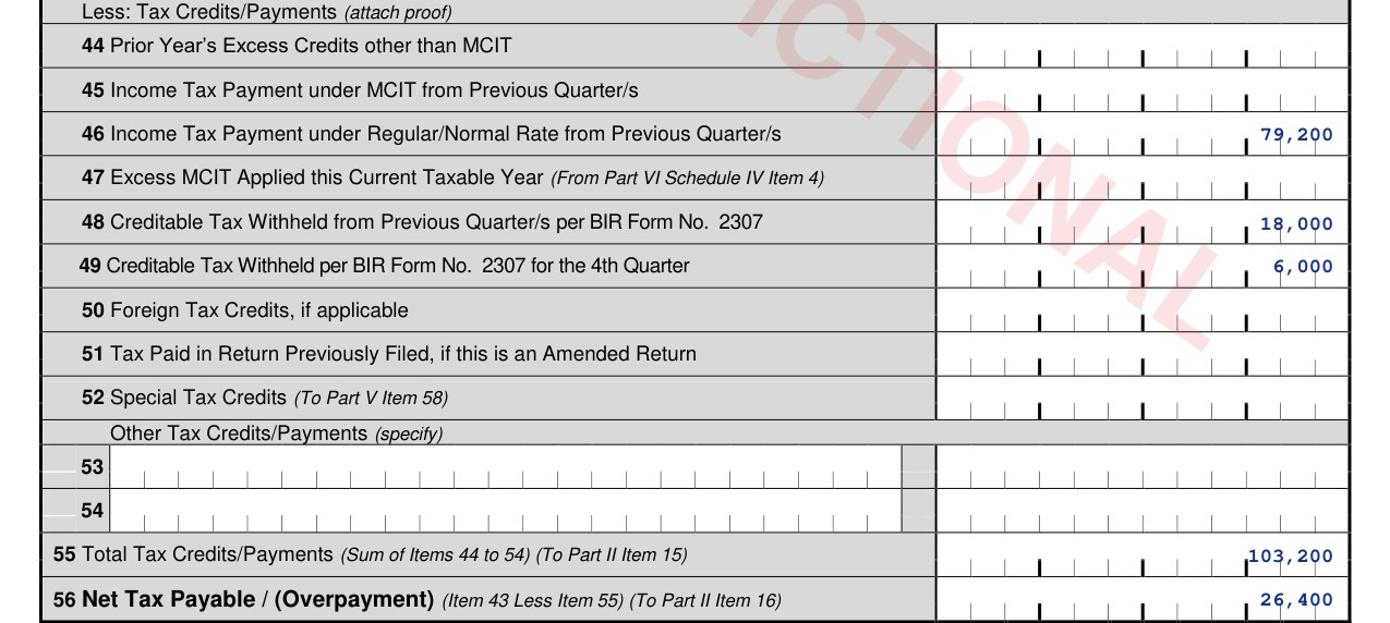 BIR Form 1702-RT items 44 to 56: ₱79,200 paid quarterly, ₱18,000 and ₱6,000 of 2307s, ₱26,400 net payable