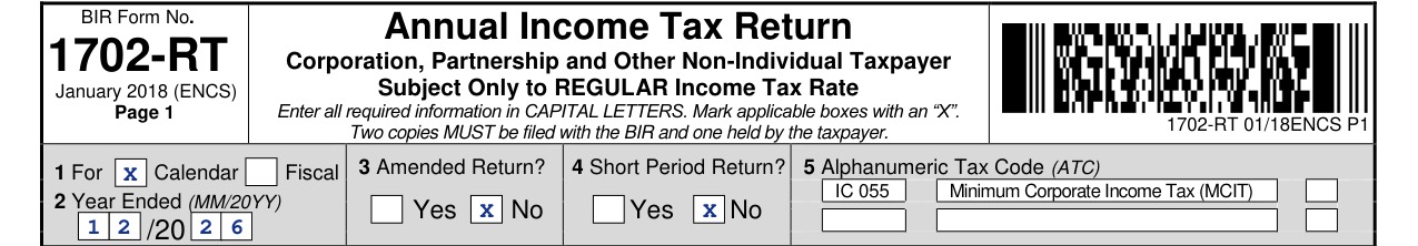 Top of BIR Form 1702-RT, the annual income tax return for corporations, filled in for calendar year 2026