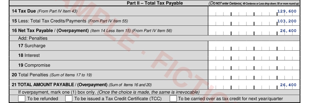 BIR Form 1702-RT Part II: tax due ₱129,600, credits ₱103,200, total payable ₱26,400, and the overpayment boxes