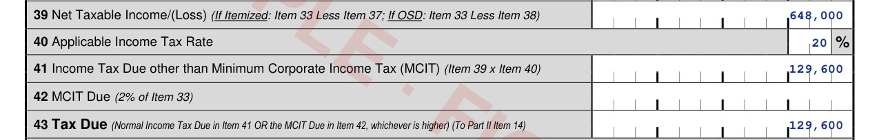 BIR Form 1702-RT items 39 to 43: ₱648,000 at 20%, tax due ₱129,600