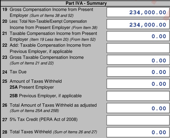 2316 Part IVA: gross 234,000, all non-taxable, tax due and withheld 0