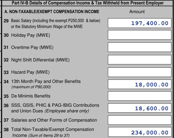 2316 Part IV-B: basic salary 197,400, 13th month 18,000, contributions 18,600, total non-taxable 234,000