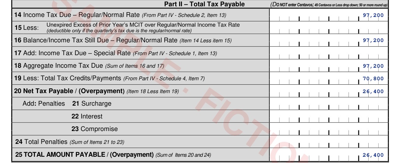 BIR Form 1702Q Part II showing ₱26,400 payable