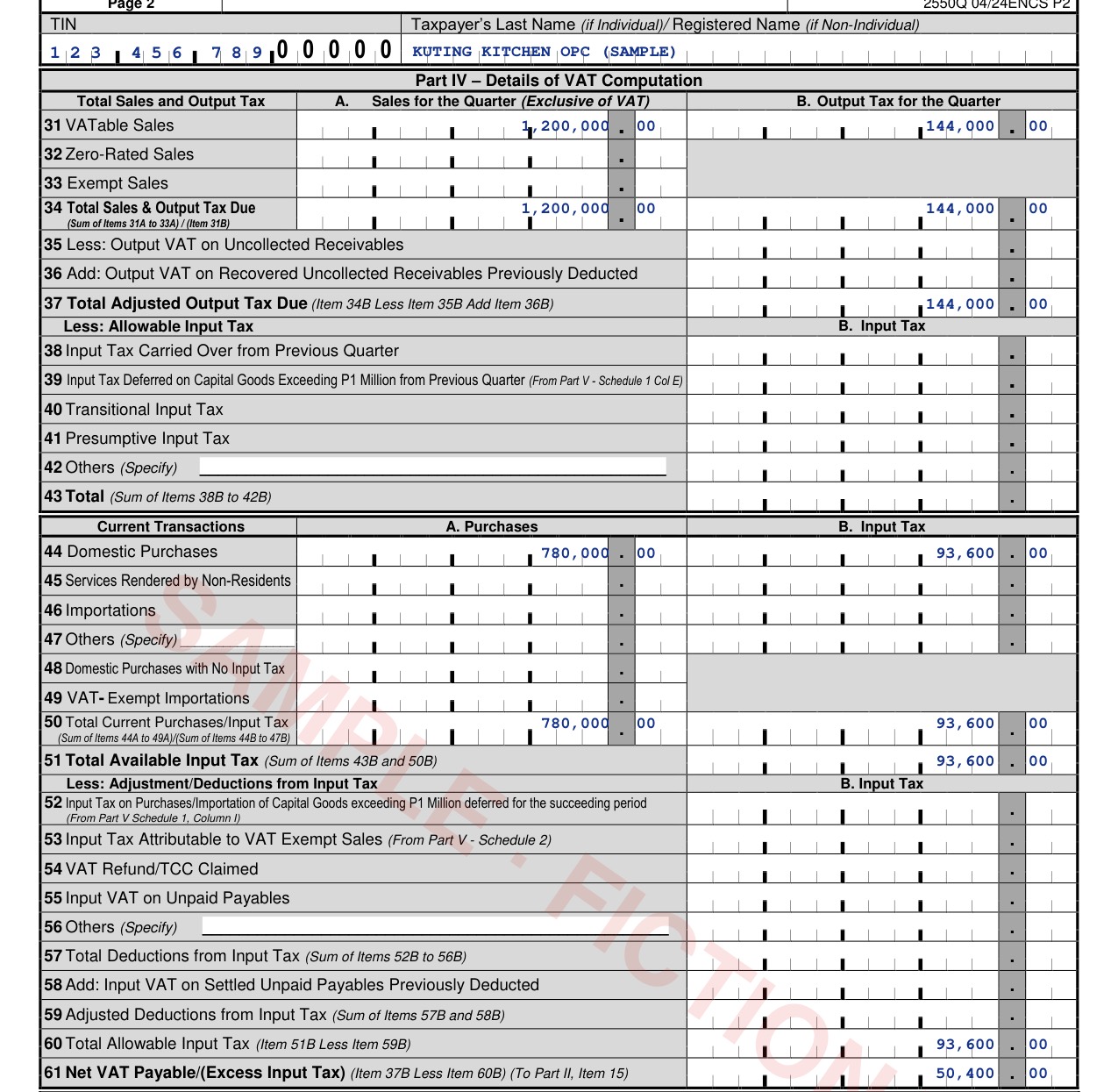 BIR Form 2550Q Part IV filled in with Kuting Kitchen's sample Q3 2026 VAT figures