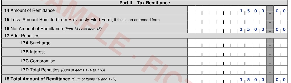 Form 0619-E Part II: item 14 amount of remittance ₱1,500, item 16 ₱1,500, item 18 total ₱1,500