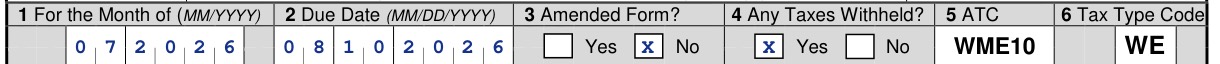 Form 0619-E items 1 to 6: month 07/2026, due date 08/10/2026, not amended, taxes withheld yes