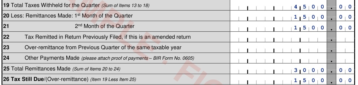 Items 19 to 26: total ₱4,500, less ₱1,500 and ₱1,500 remitted, ₱3,000 total remittances, ₱1,500 tax still due
