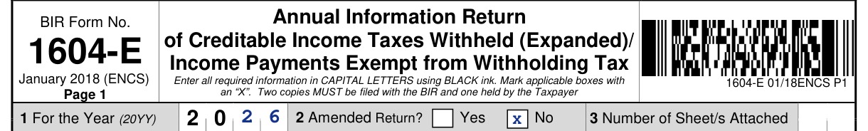 BIR Form 1604-E header, January 2018 ENCS, for the year 2026, not amended