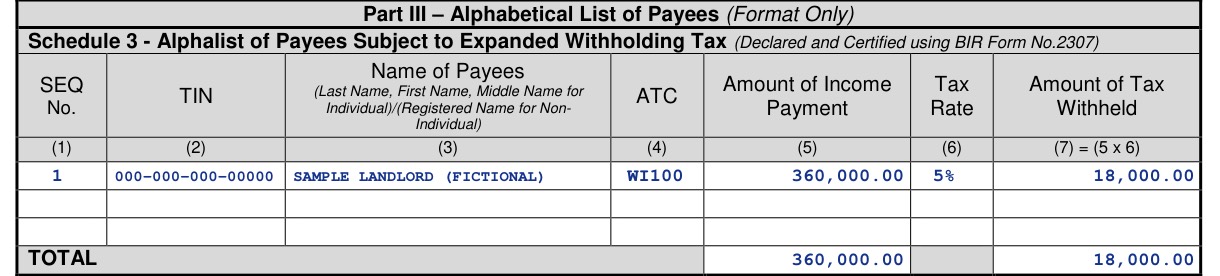 Schedule 3 alphalist: 1, TIN 000-000-000-00000, sample landlord (fictional), ATC WI100, ₱360,000, 5%, ₱18,000
