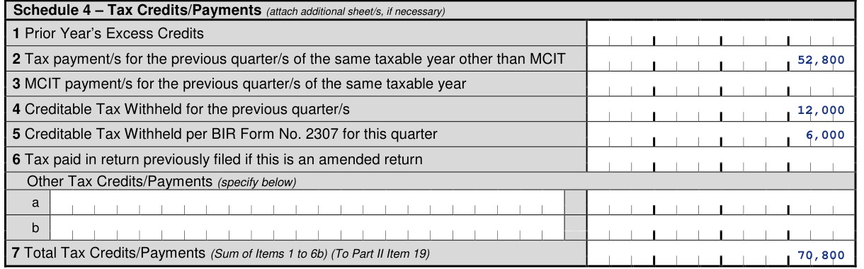 Form 1702Q Schedule 4 tax credits: item 5, creditable tax withheld per BIR Form 2307 for this quarter, ₱6,000