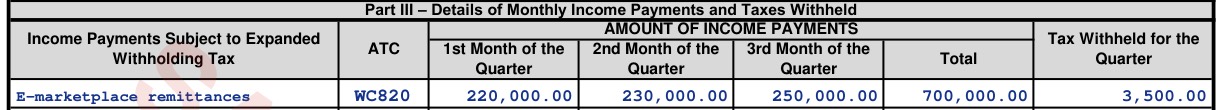 Form 2307 Part III: ATC WC820, ₱220,000, ₱230,000, ₱250,000, total ₱700,000, tax withheld ₱3,500