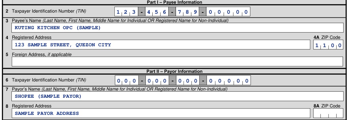 Form 2307 Part I payee Kuting Kitchen OPC (sample) and Part II payor Shopee (sample payor)